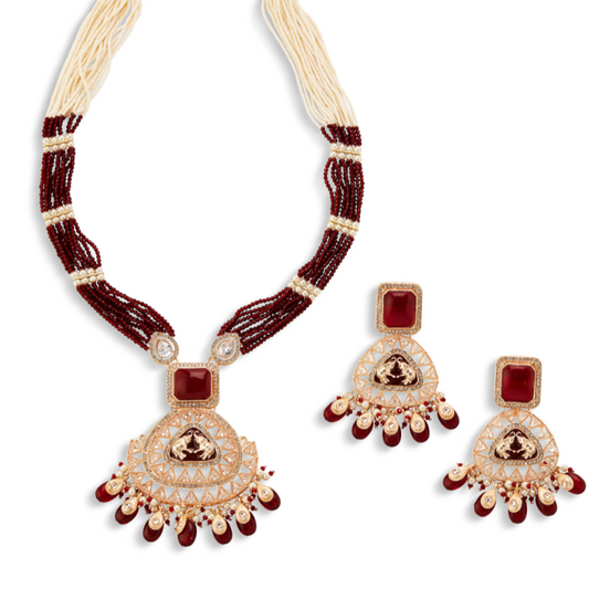 Charulata's Red & Pearl Kundan Meenakari Necklace Set with Earrings – Heritage Bridal Jewelry