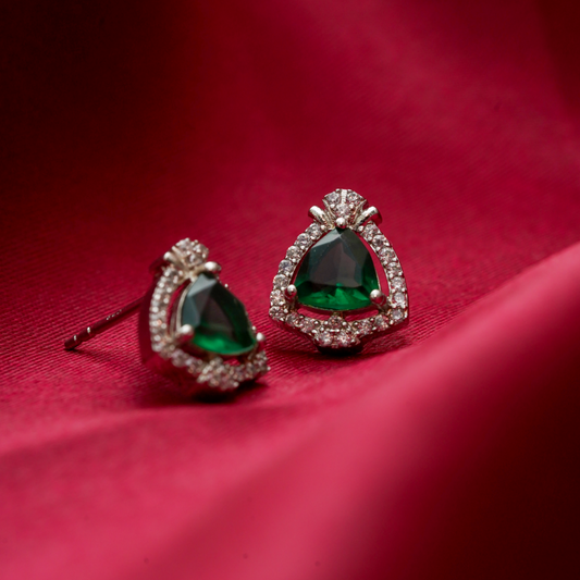 Emerald Halo Stud Earrings – 925 Silver with Green Stone