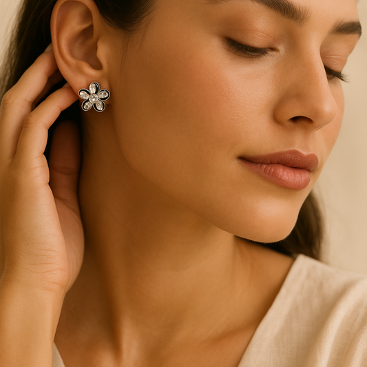 RIAS 925 Sterling Silver Floral Stud Earrings for Women – Crystal Stone Elegant Daily Wear