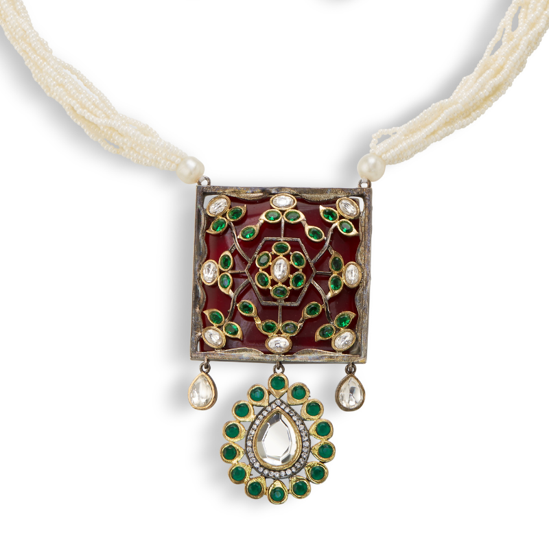 Rajnandini's Red & Green Kundan Meenakari Necklace Set with Earrings – Handcrafted Bridal Jewelry
