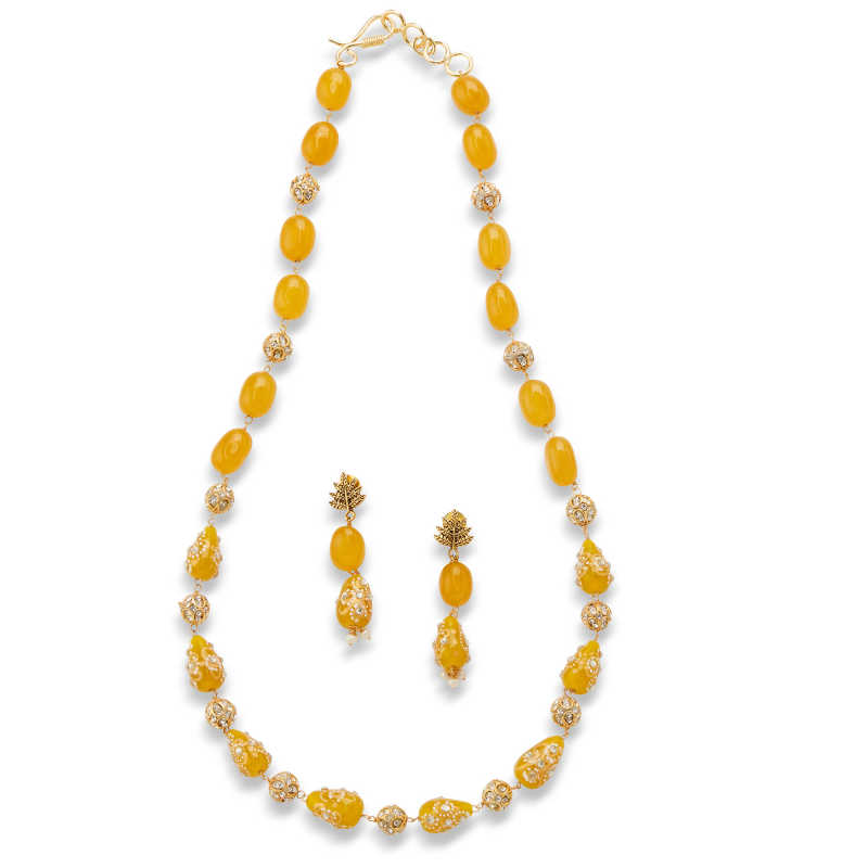 Kanika's Yellow Beaded Kundan Necklace Set with Earrings – Festive Ethnic Jewelry