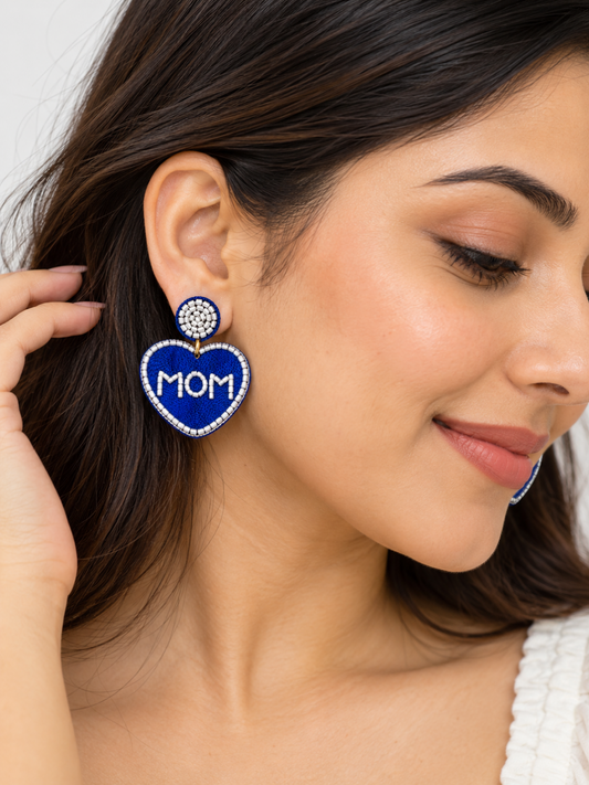 Blue Heart MOM Beaded Statement Earrings