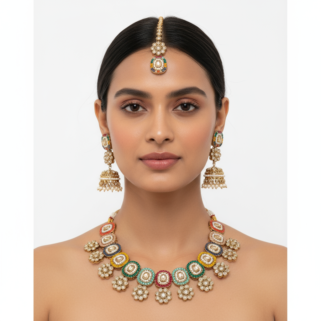 Kanika Multicolor Kundan Polki Necklace Set with Jhumkas & Maang Tikka – Bridal Ethnic Jewelry
