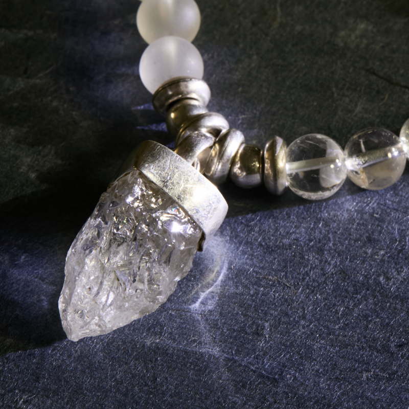 Sacred Crystal Arrowhead Mala | Frosted & Raw Rock Crystal in 925 Sterling Silver