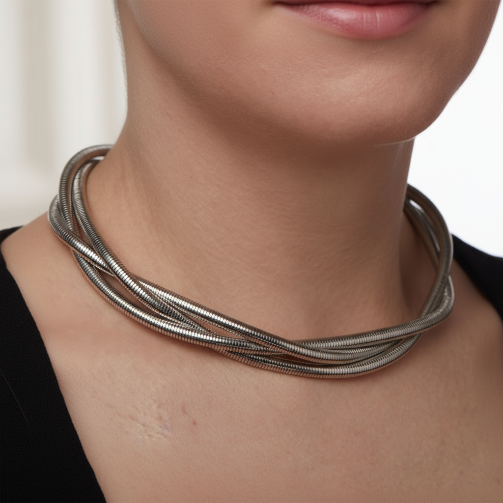 Silver-Tone Multi-Layer Choker Necklace – Modern Statement Jewelry for Women