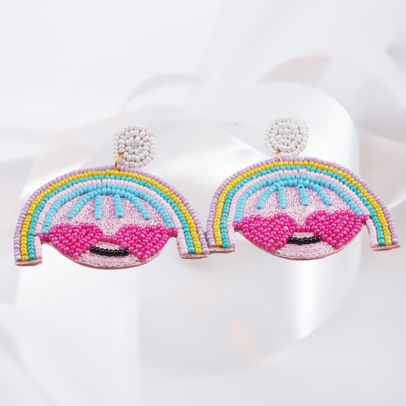 Rainbow Emoji Handmade Beaded Earrings – Heart Eyes Statement Jewelry by RIAS