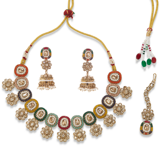 Kanika Multicolor Kundan Polki Necklace Set with Jhumkas & Maang Tikka – Bridal Ethnic Jewelry