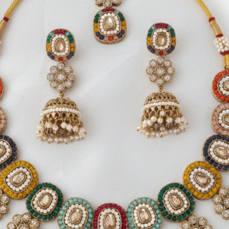 Kanika Multicolor Kundan Polki Necklace Set with Jhumkas & Maang Tikka – Bridal Ethnic Jewelry