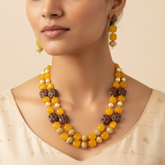 Amrapali Yellow Beaded Kundan Necklace Set with Earrings - Festive Haldi & Wedding Jewelry
