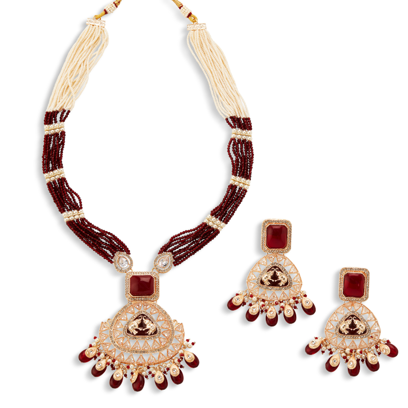 Charulata's Red & Pearl Kundan Meenakari Necklace Set with Earrings – Heritage Bridal Jewelry