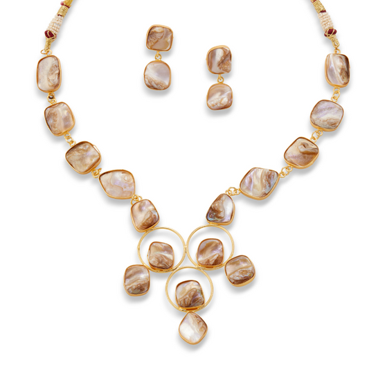 Golden mother of pearl inspired necklace set with matching earrings