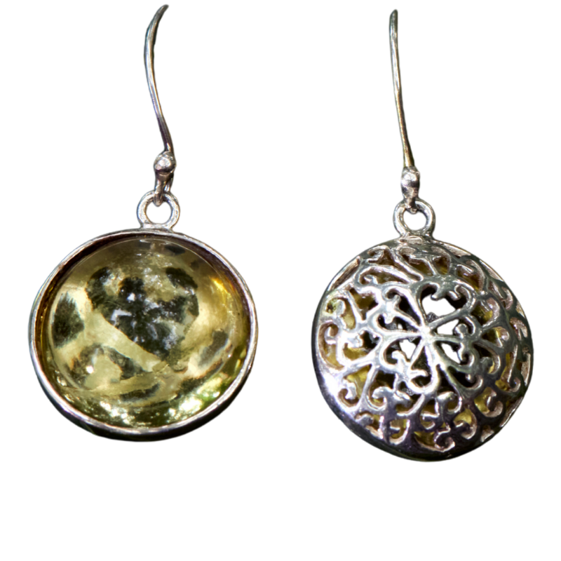 handcrafted citrine silver earrings displayed on green leaf