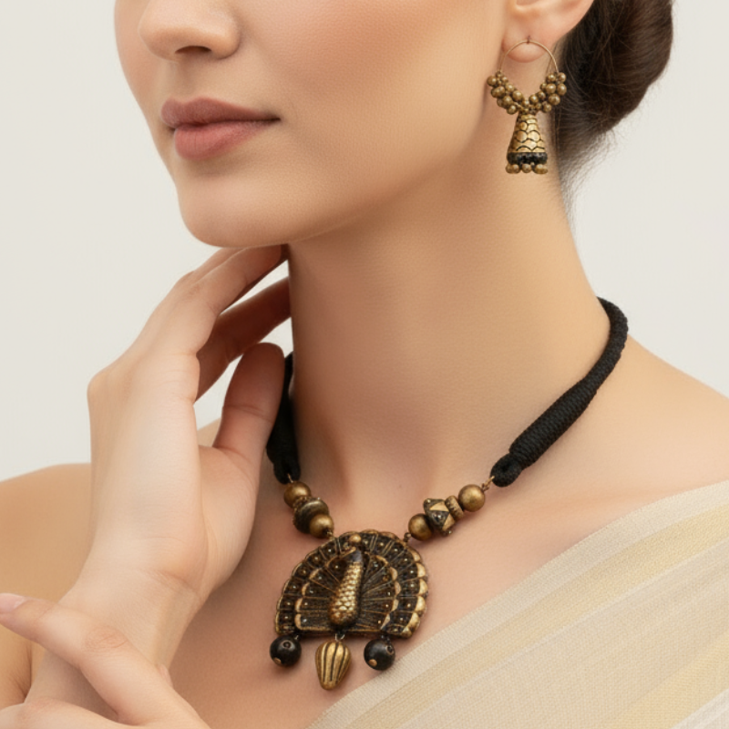 Regal Plume – Handcrafted Peacock Terracotta Jewelry Set