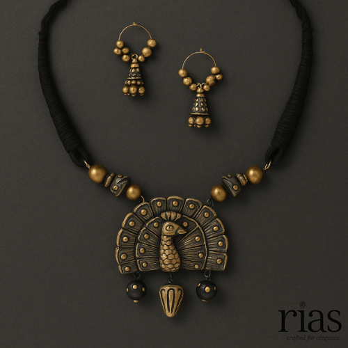 Regal Plume – Handcrafted Peacock Terracotta Jewelry Set
