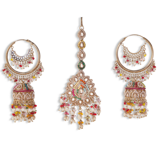 Charumati's Multicolor Kundan Bridal Jhumka Earrings with Maang Tikka – Heritage Wedding Jewelry