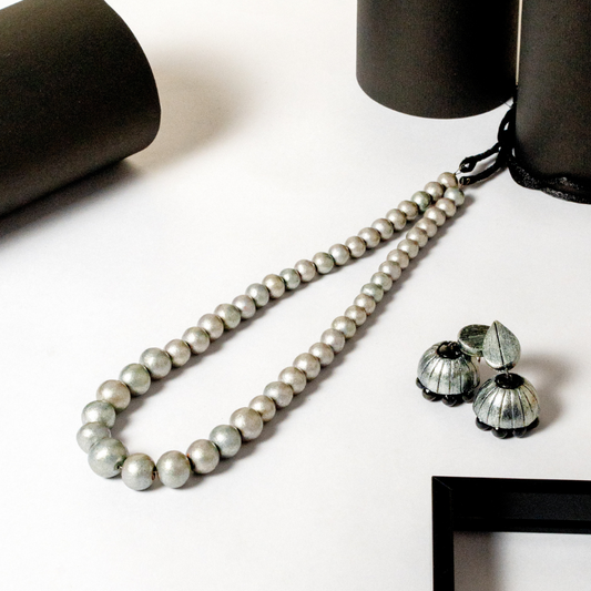 Silver Whisper – Handcrafted Bead & Jhumka Terracotta Set