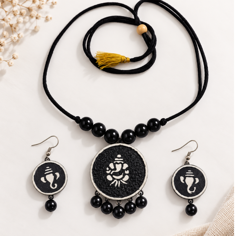 Amisha's Handcrafted Black Terracotta Statement Necklace & Earrings Set