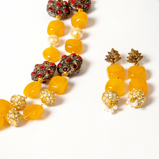 Amrapali Yellow Beaded Kundan Necklace Set with Earrings - Festive Haldi & Wedding Jewelry