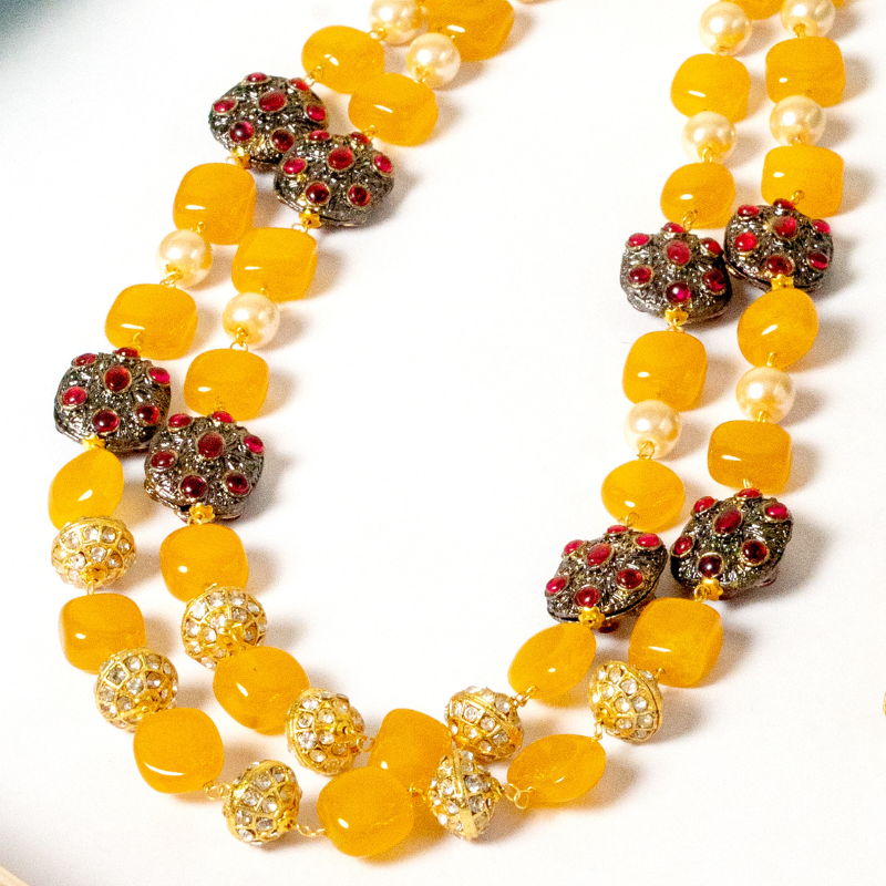 Amrapali Yellow Beaded Kundan Necklace Set with Earrings - Festive Haldi & Wedding Jewelry