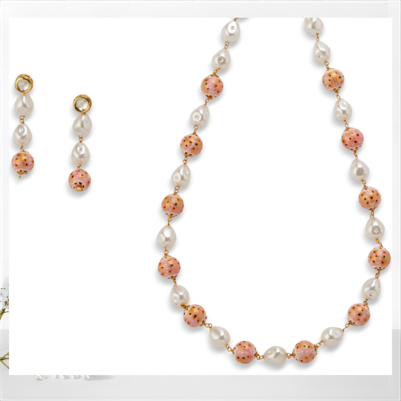 Mrinalini's Pink Bead & Pearl Necklace Set with Earrings – Elegant Festive Jewelry