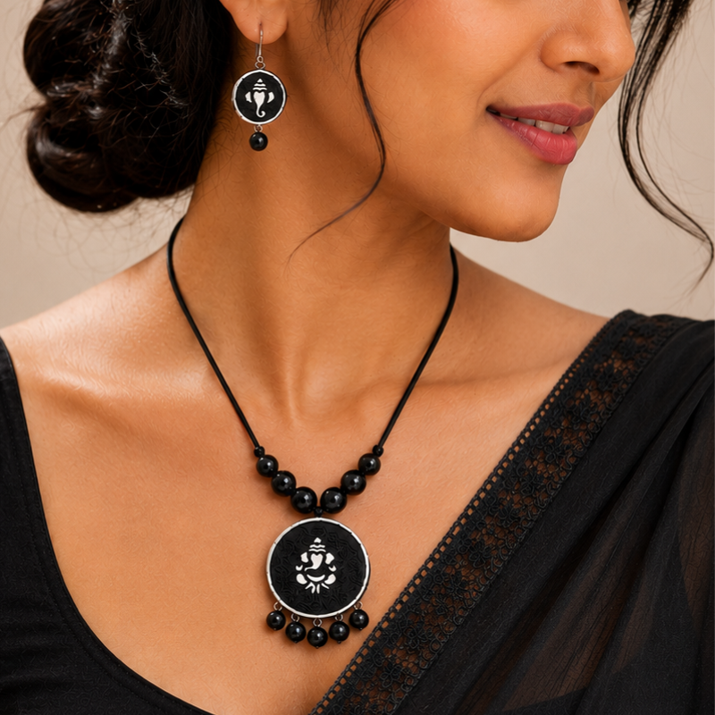 Amisha's Handcrafted Black Terracotta Statement Necklace & Earrings Set