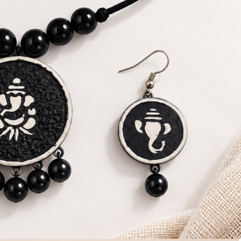 Amisha's Handcrafted Black Terracotta Statement Necklace & Earrings Set
