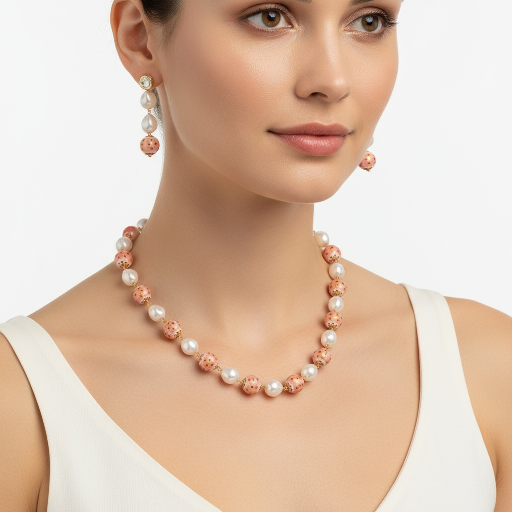 Mrinalini's Pink Bead & Pearl Necklace Set with Earrings – Elegant Festive Jewelry