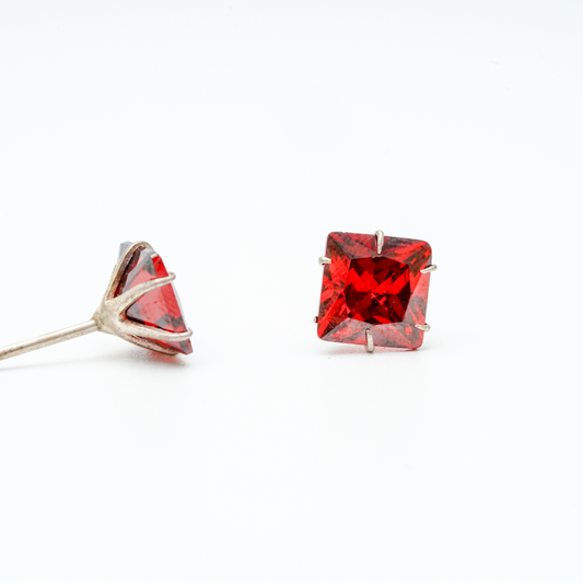 925 Silver Princess-Cut Red Garnet Stud Earrings