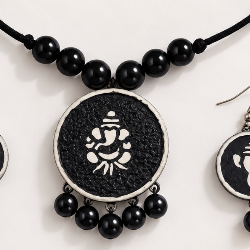 Amisha's Handcrafted Black Terracotta Statement Necklace & Earrings Set