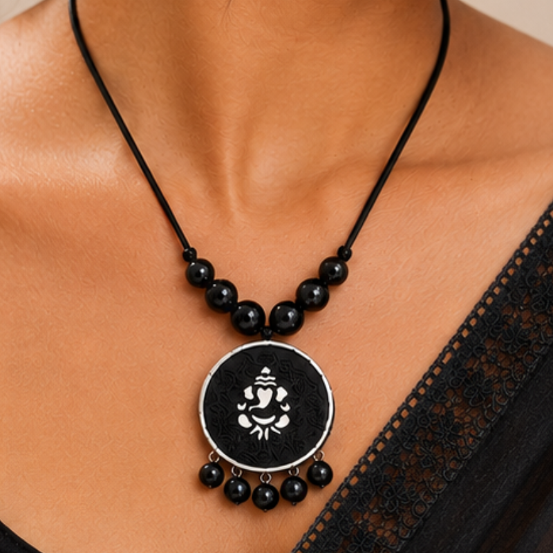 Amisha's Handcrafted Black Terracotta Statement Necklace & Earrings Set