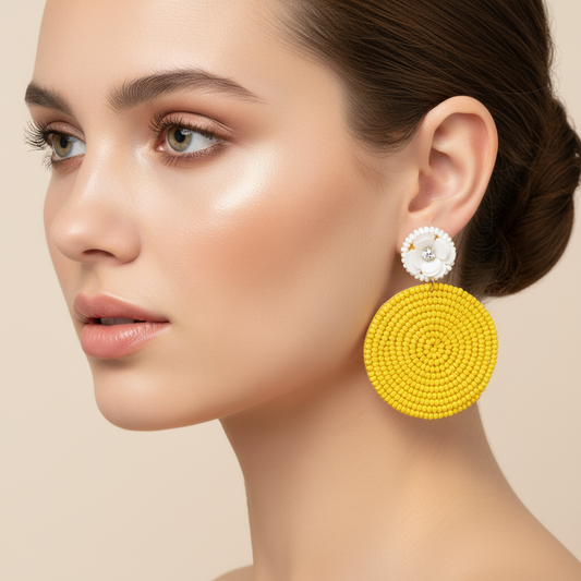 Sunny Bloom Handmade Yellow Beaded Earrings with Floral Stud