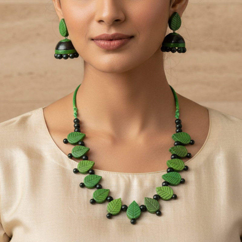 Prakriti's Green Leaf Terracotta Necklace Set with Earrings – Handcrafted Ethnic Jewelry