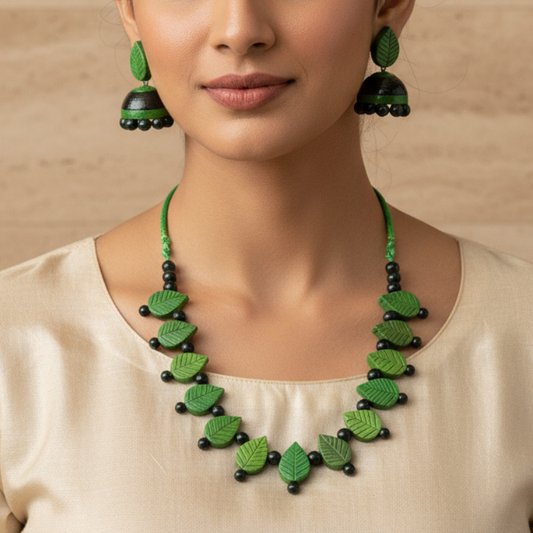 Prakriti's Green Leaf Terracotta Necklace Set with Earrings – Handcrafted Ethnic Jewelry
