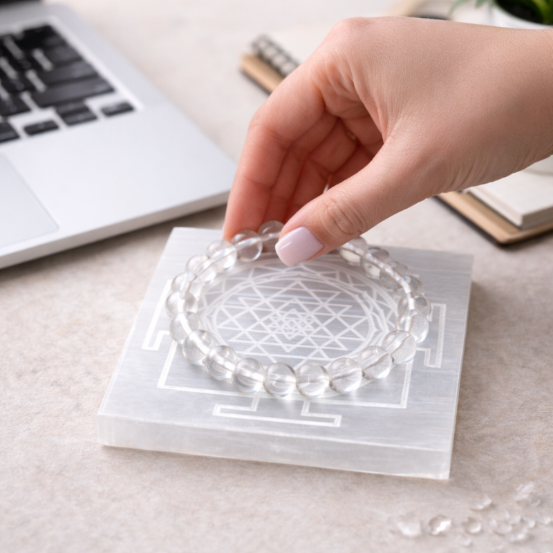 Selenite Plate & Clear Quartz Bracelet Combo for Cleansing