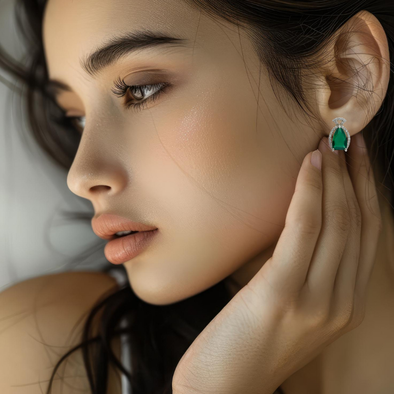 925 Silver Emerald Teardrop Earrings with Zircon Accents