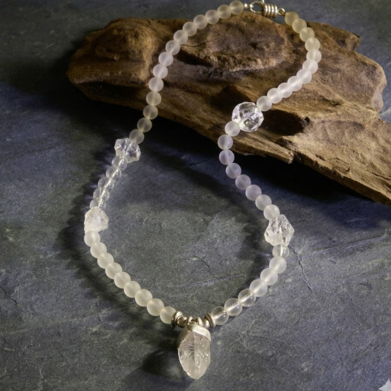 Sacred Crystal Arrowhead Mala | Frosted & Raw Rock Crystal in 925 Sterling Silver