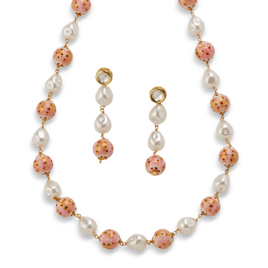 Mrinalini's Pink Bead & Pearl Necklace Set with Earrings – Elegant Festive Jewelry