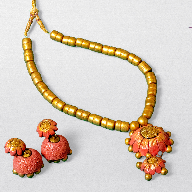 Amara's Handcrafted Terracotta Floral Necklace Set