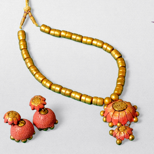 Amara's Handcrafted Terracotta Floral Necklace Set