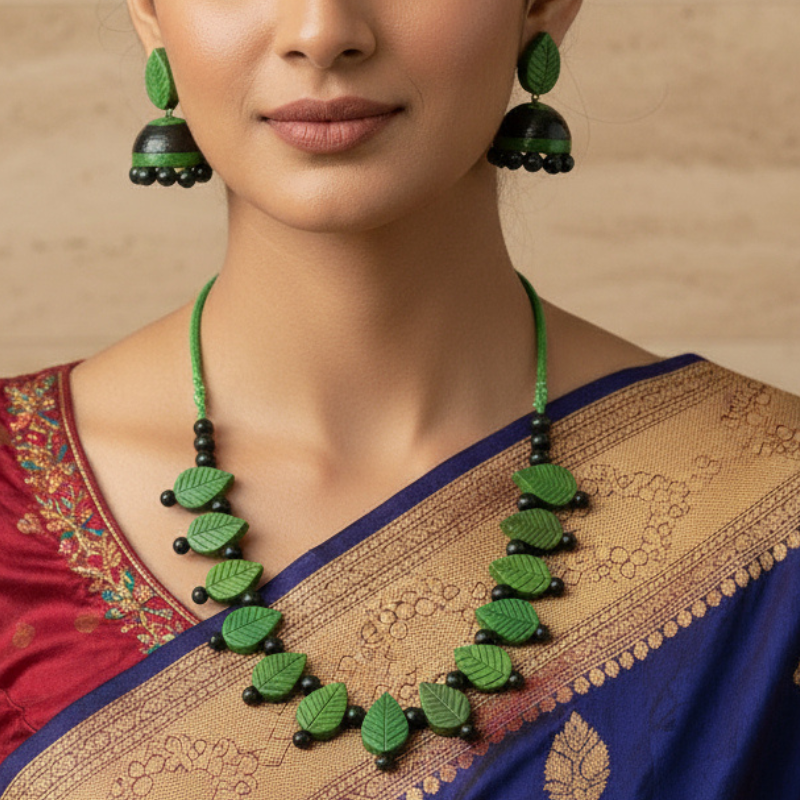 Prakriti's Green Leaf Terracotta Necklace Set with Earrings – Handcrafted Ethnic Jewelry