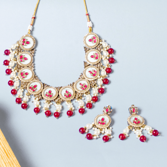 Chandrika Red & White Meenakari Kundan Necklace Set with Earrings - Bridal Kundan Set