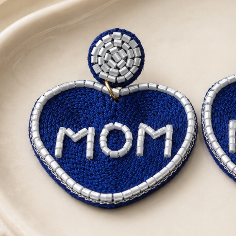 Blue Heart MOM Beaded Statement Earrings