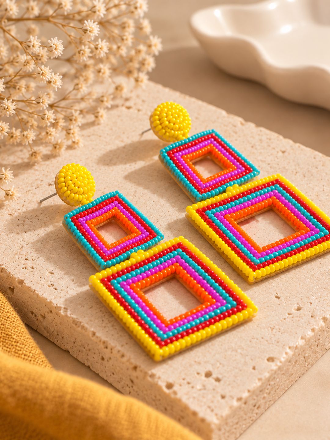 Carnival Pop Beaded Square Statement Earrings