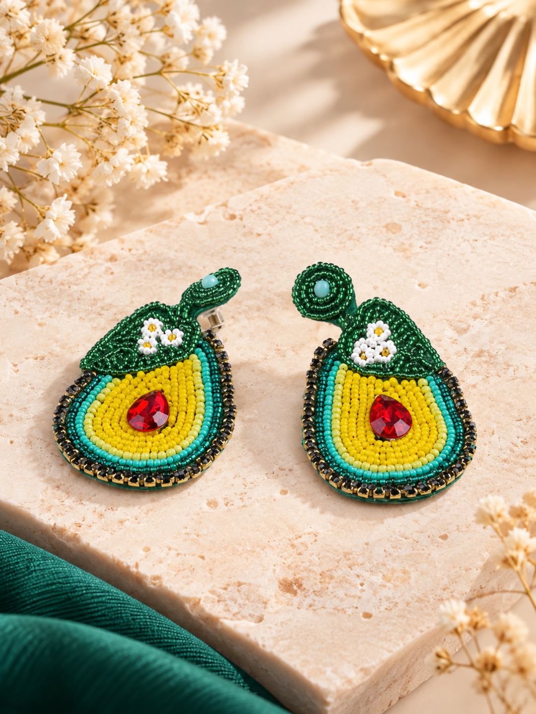 Avocado Bloom Beaded Statement Earrings
