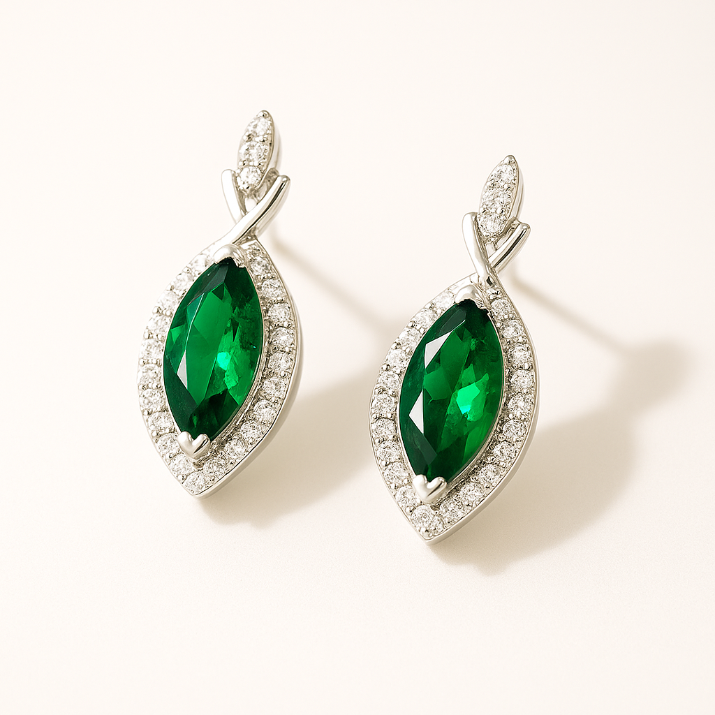 925 Silver Marquise Emerald Green Earrings with CZ Halo