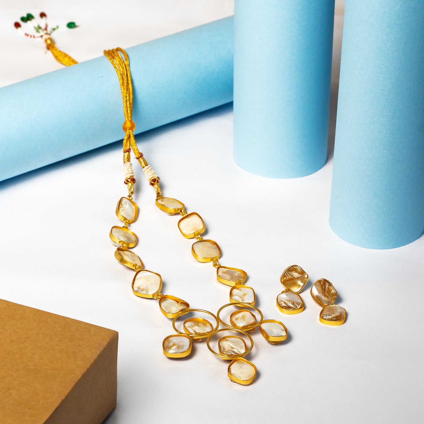 Golden mother of pearl inspired necklace set with matching earrings