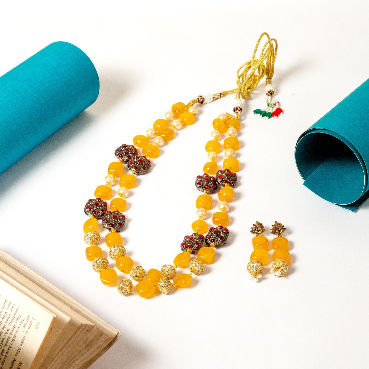 Amrapali Yellow Beaded Kundan Necklace Set with Earrings - Festive Haldi & Wedding Jewelry