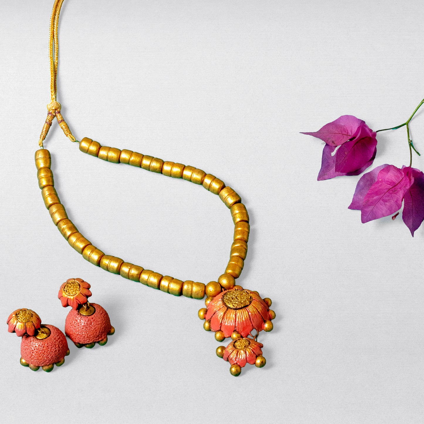 Amara's Handcrafted Terracotta Floral Necklace Set