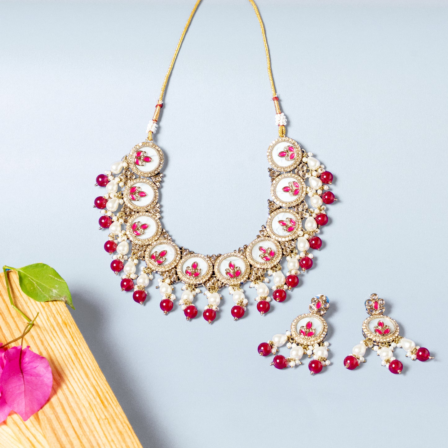 Chandrika Red & White Meenakari Kundan Necklace Set with Earrings - Bridal Kundan Set