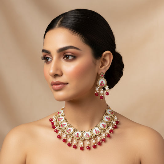 Chandrika Red & White Meenakari Kundan Necklace Set with Earrings - Bridal Kundan Set